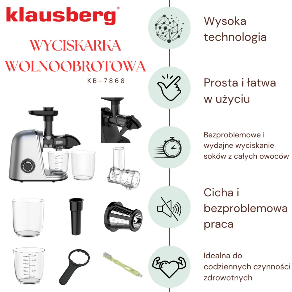 Sulčiaspaudė Lėtaeigė sulčiaspaudė vaisiams ir daržovėms, horizontali, pilka, 150 W, Klausberg, kb-7868