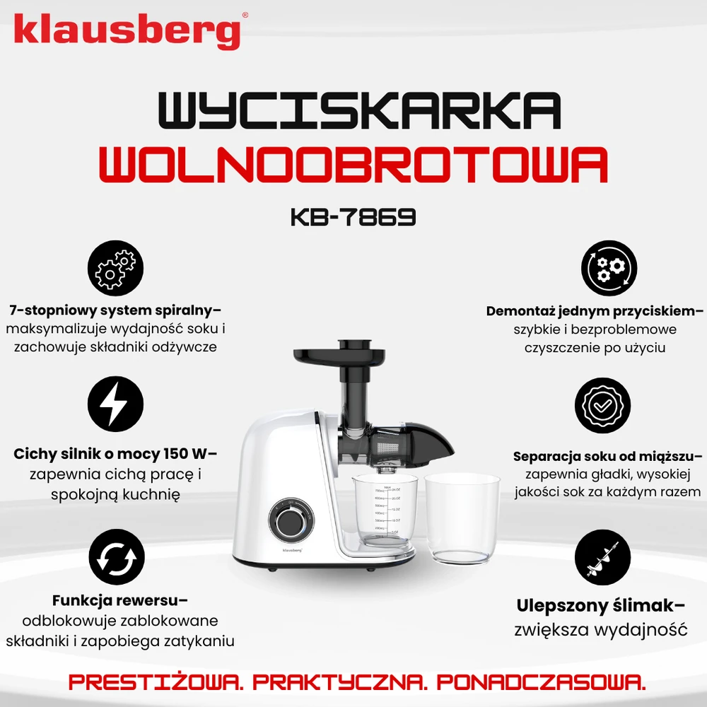 Sulčiaspaudė Lėtaeigė sulčiaspaudė vaisiams ir daržovėms, horizontali, balta, 150 W, Klausberg KB-7869
