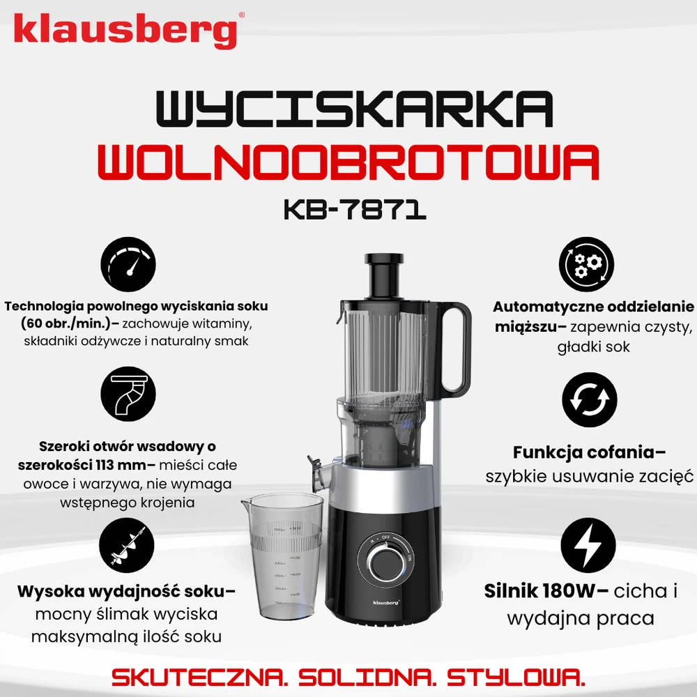 Sulčiaspaudė Lėtaeigė sulčiaspaudė vaisiams ir daržovėms, vertikali, juoda, 180 W, Klausberg, kb-7871