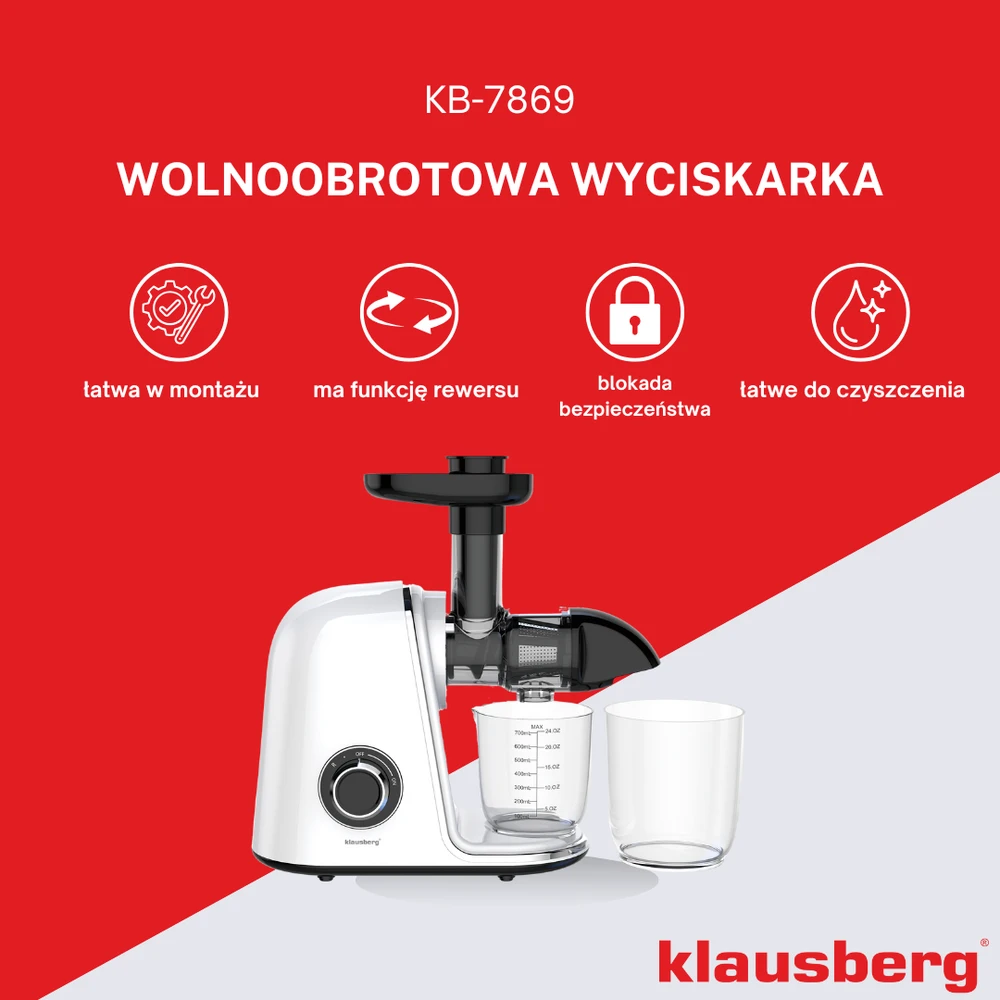 Sulčiaspaudė Lėtaeigė sulčiaspaudė vaisiams ir daržovėms, horizontali, balta, 150 W, Klausberg KB-7869