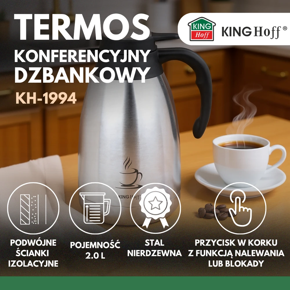 Kinghoff 2 litrų metalinis termosas su kavos piktograma