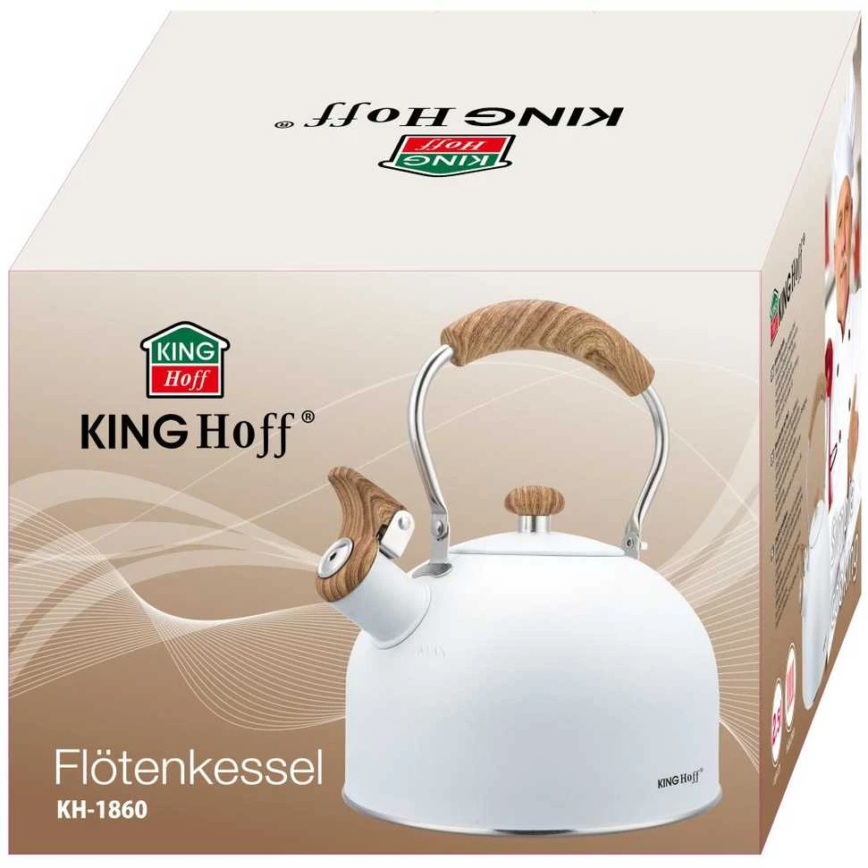King Hoff Švilpiantis virdulys, 2,5 l, baltas, su medžio imitacijos rankena, „Kinghoff“