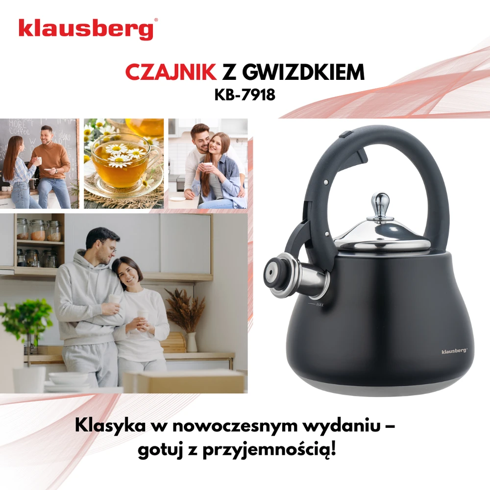 Virdulys, Švilpiantis virdulys, nerūdijančio plieno, juodas su sidabro elementais, 2,8 l, Klausberg, kb-7918