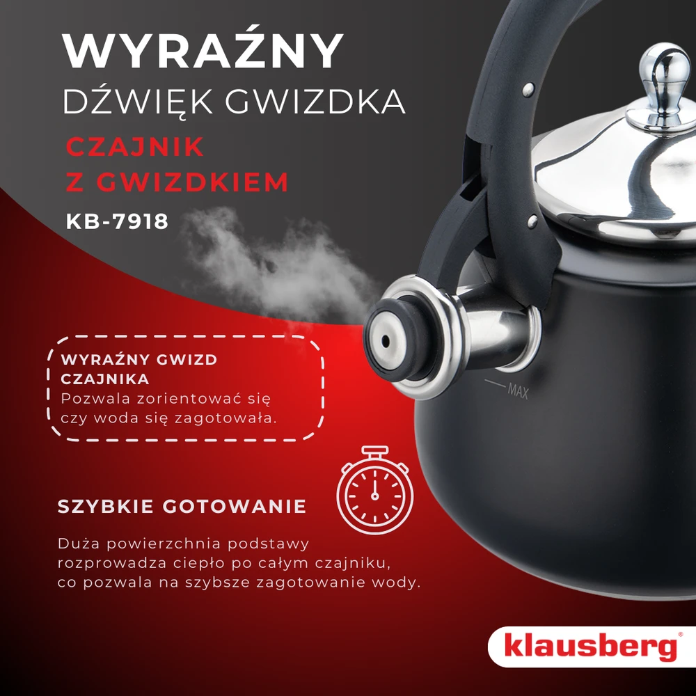 Virdulys, Švilpiantis virdulys, nerūdijančio plieno, juodas su sidabro elementais, 2,8 l, Klausberg, kb-7918
