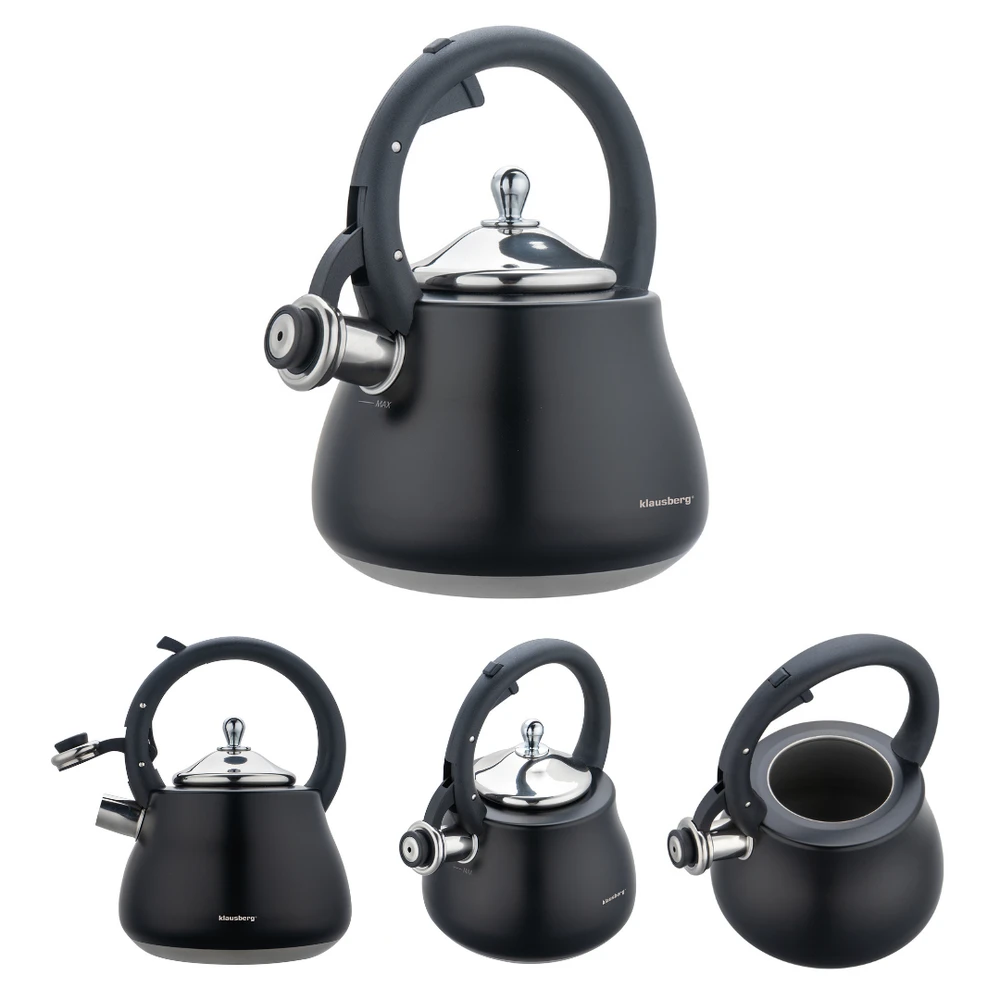 Virdulys, Švilpiantis virdulys, nerūdijančio plieno, juodas su sidabro elementais, 2,8 l, Klausberg, kb-7918