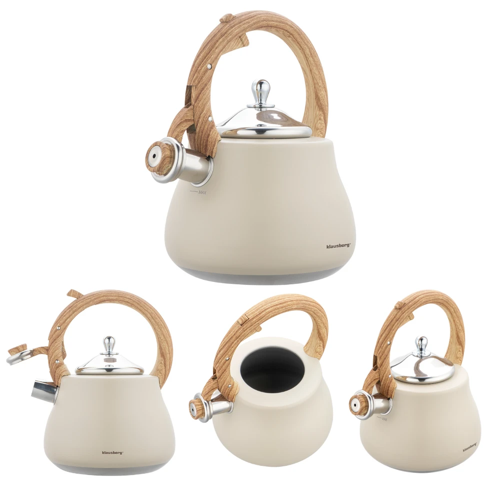 Virdulys, Švilpiantis virdulys, nerūdijančio plieno, smėlio spalvos su medžio imitacijos detalėmis, 2,8 l, Klausberg, kb-7919