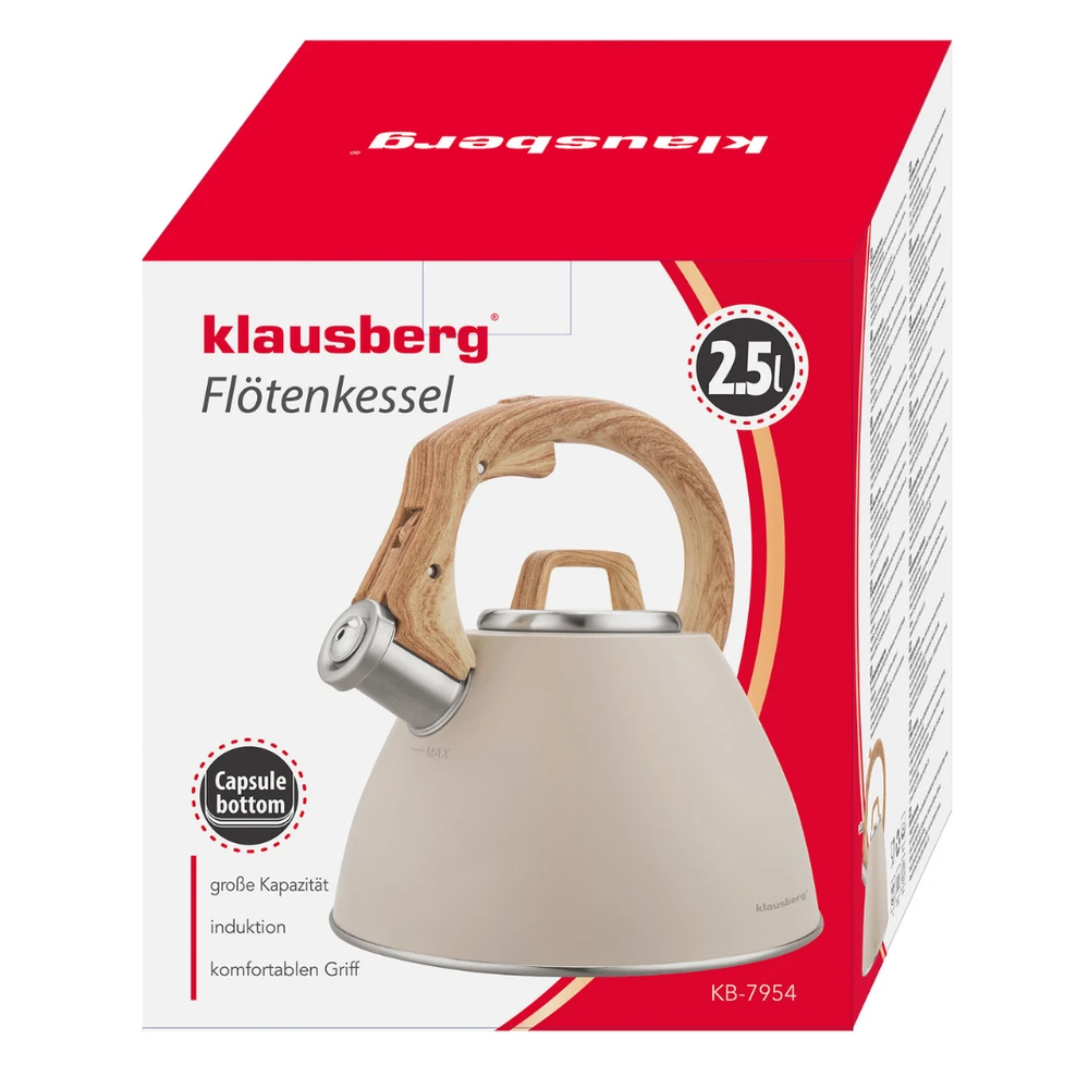 Virdulys, 2,5 l smėlio spalvos plieno virdulys su medžio imitacijos rankena, Klausberg kb-7954