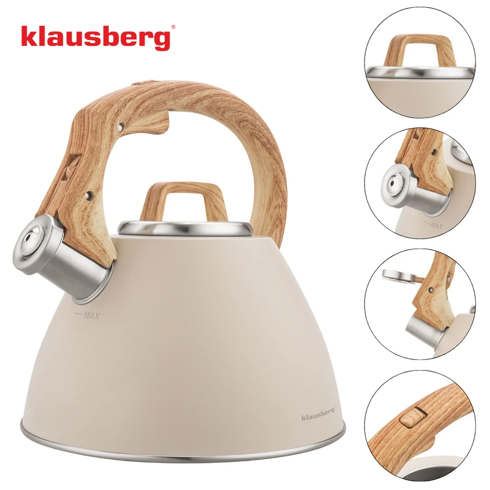Virdulys, 2,5 l smėlio spalvos plieno virdulys su medžio imitacijos rankena, Klausberg kb-7954