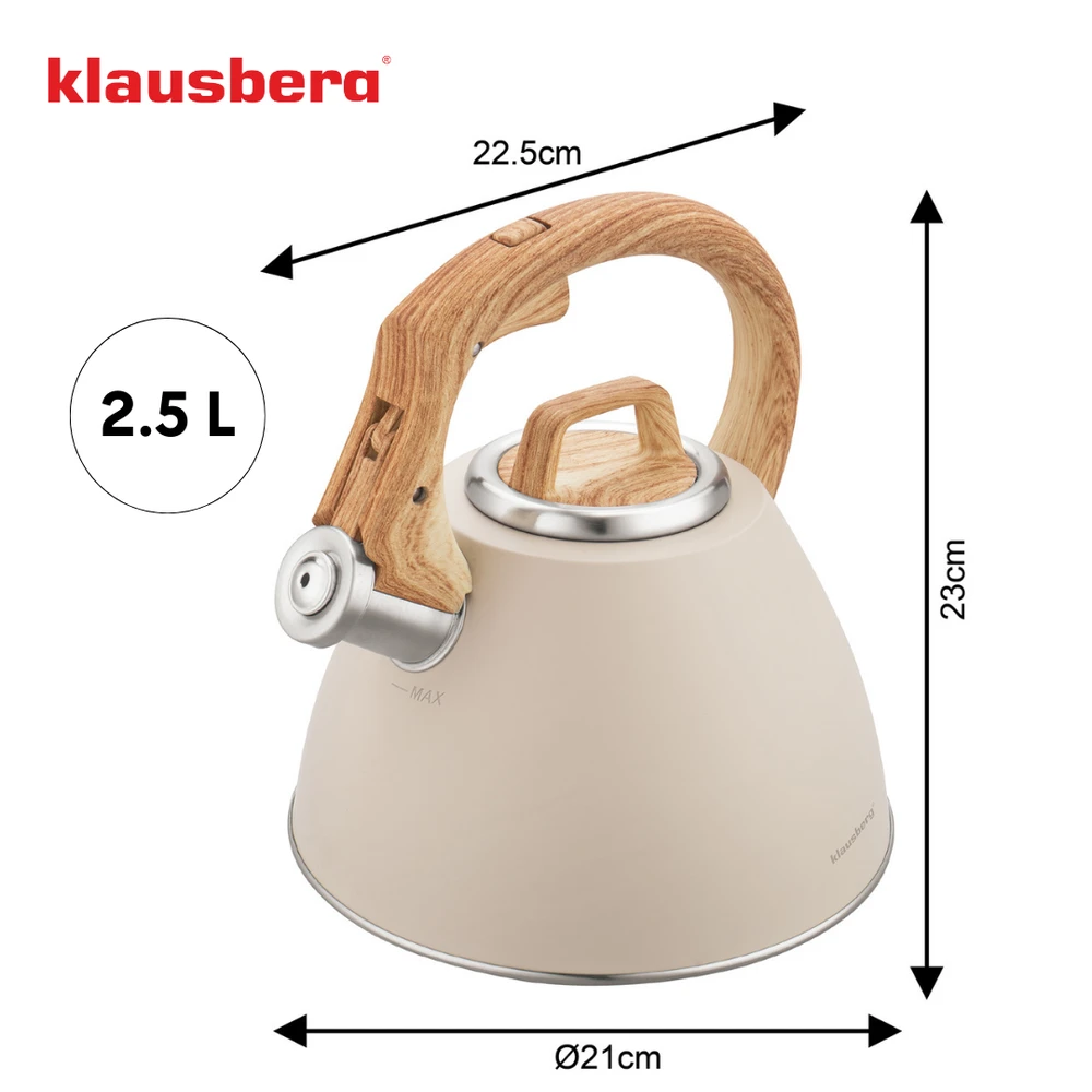 Virdulys, 2,5 l smėlio spalvos plieno virdulys su medžio imitacijos rankena, Klausberg kb-7954