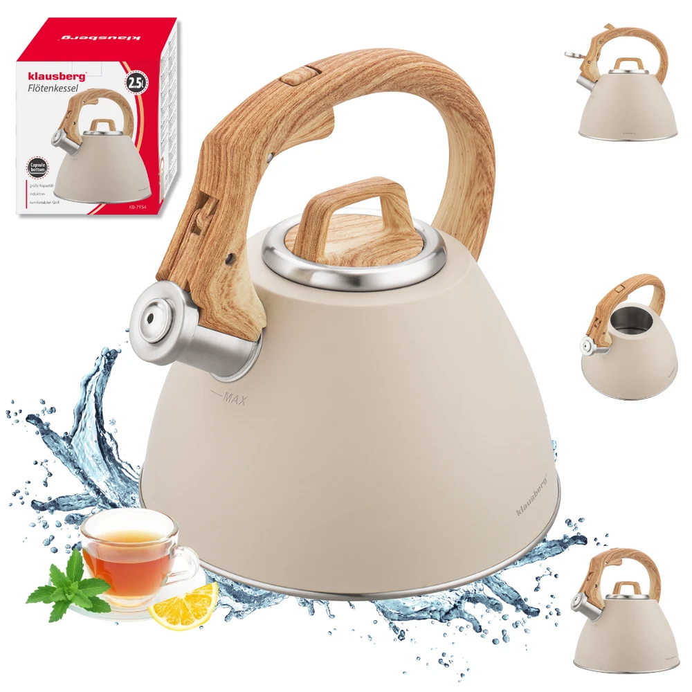Virdulys, 2,5 l smėlio spalvos plieno virdulys su medžio imitacijos rankena, Klausberg kb-7954