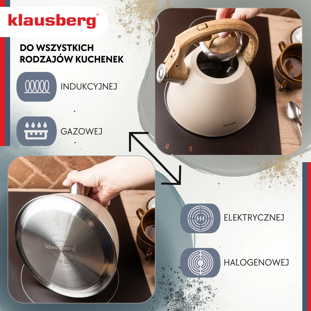 Virdulys, 2,5 l smėlio spalvos plieno virdulys su medžio imitacijos rankena, Klausberg kb-7954