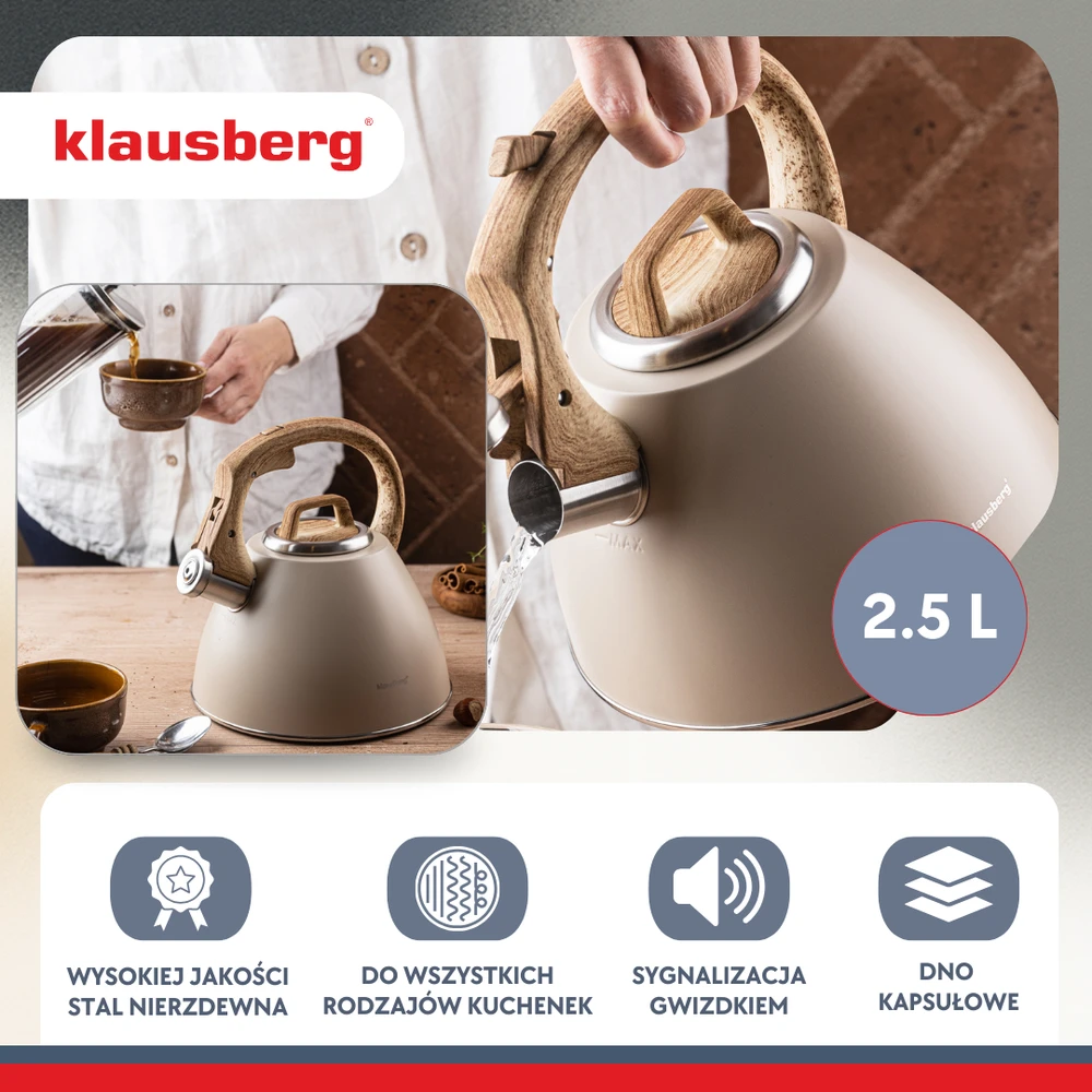 Virdulys, 2,5 l smėlio spalvos plieno virdulys su medžio imitacijos rankena, Klausberg kb-7954