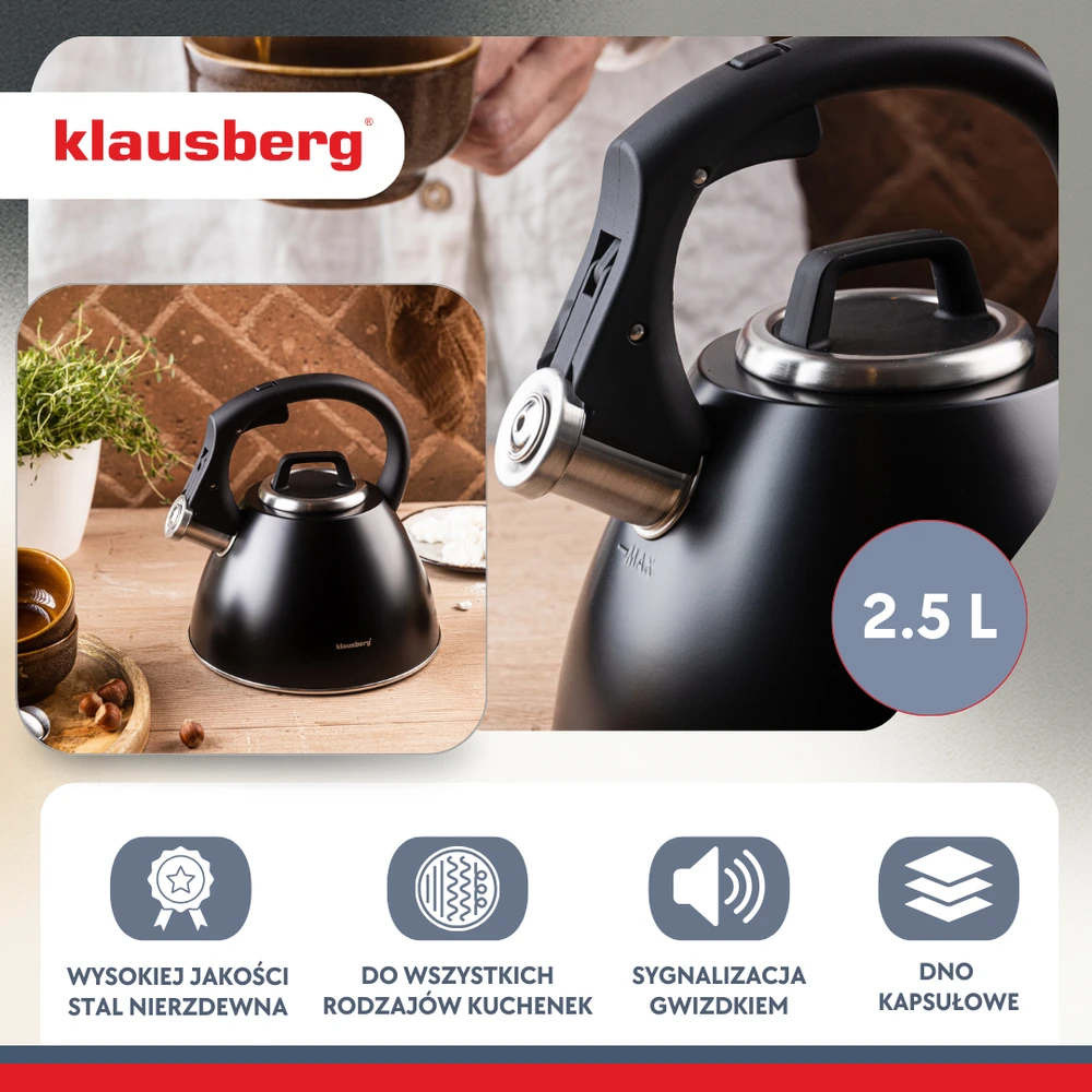 Virdulys, Plieninis virdulys 2,5 l matinės juodos spalvos su minkšta rankena, Klausberg kb-7952