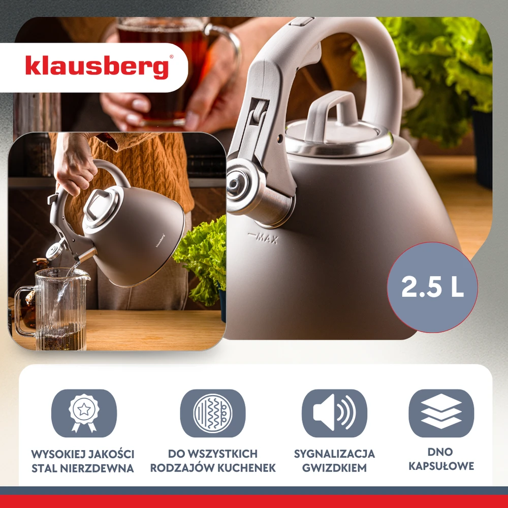 Virdulys, Plieninis virdulys 2,5 l, pilkas, Klausberg kb-7953