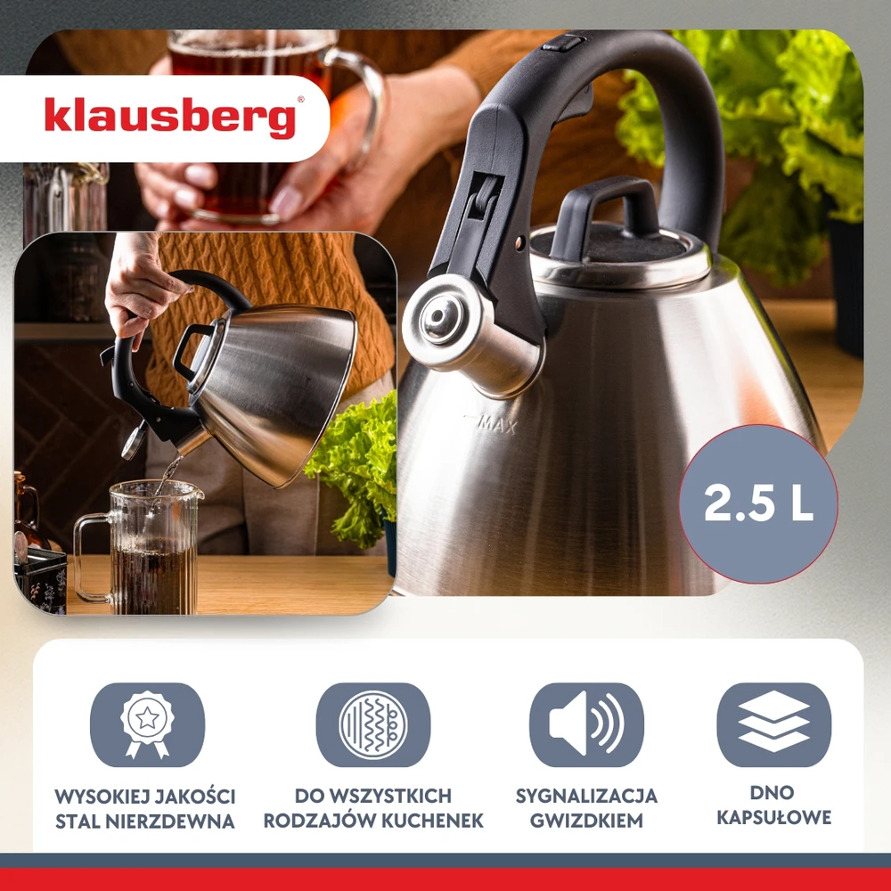 Virdulys, 2,5 l plieno virdulys su švilpuku ir minkšta rankena, Klausberg kb-7951