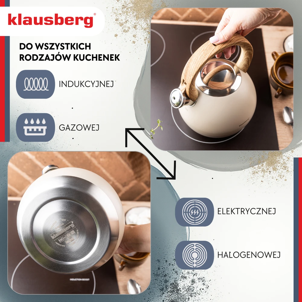 Virdulys, Plieninis virdulys 3 l, matinės smėlio spalvos, su medžio imitacijos rankena, Klausberg kb-7956