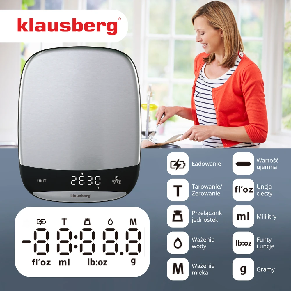 Virtuvinės svarstyklės Svarstyklės LED virtuvės svarstyklės, 10 kg, 1 g tikslumas, USB-C, tara, Klausberg