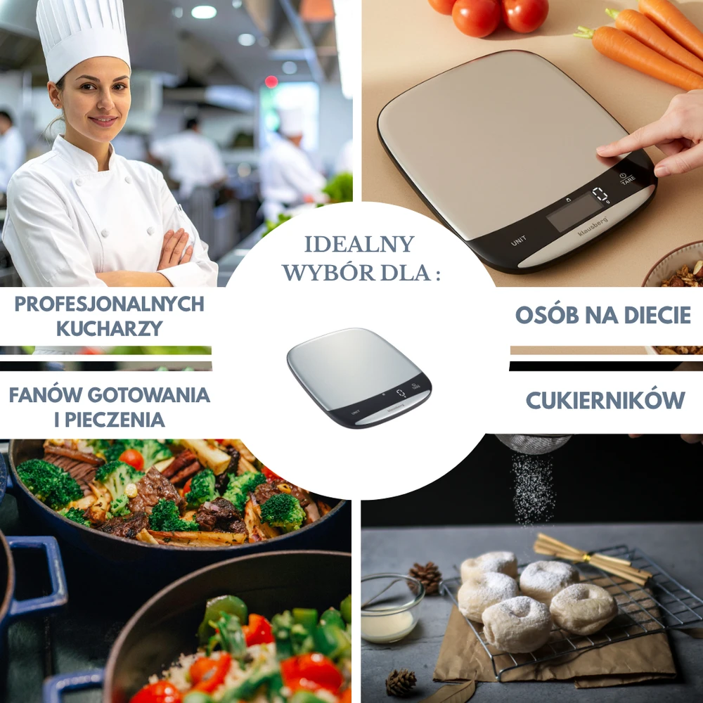 Virtuvinės svarstyklės Svarstyklės LED virtuvės svarstyklės, 10 kg, 1 g tikslumas, USB-C, tara, Klausberg