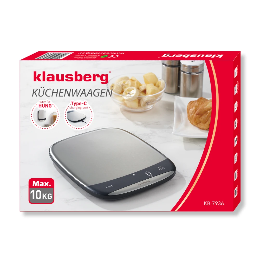 Virtuvinės svarstyklės Svarstyklės LED virtuvės svarstyklės, 10 kg, 1 g tikslumas, USB-C, tara, Klausberg