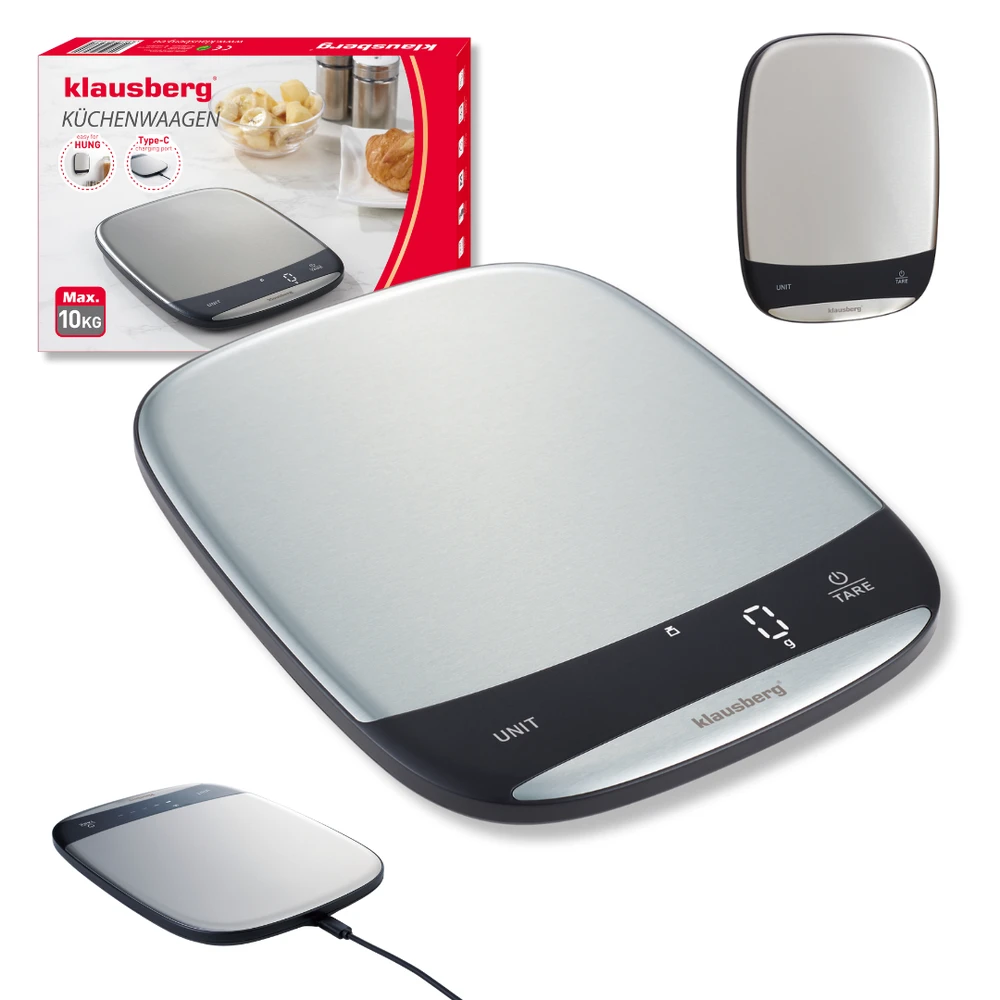 Virtuvinės svarstyklės Svarstyklės LED virtuvės svarstyklės, 10 kg, 1 g tikslumas, USB-C, tara, Klausberg