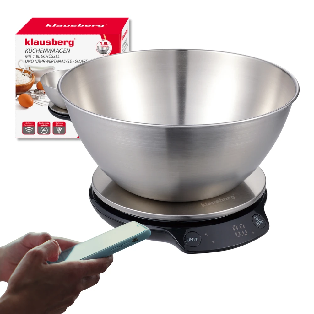 Virtuvinės svarstyklės Waga Svarstyklės Dietinės virtuvės svarstyklės su dubeniu, 1,8 l, „Bluetooth“, programėlė