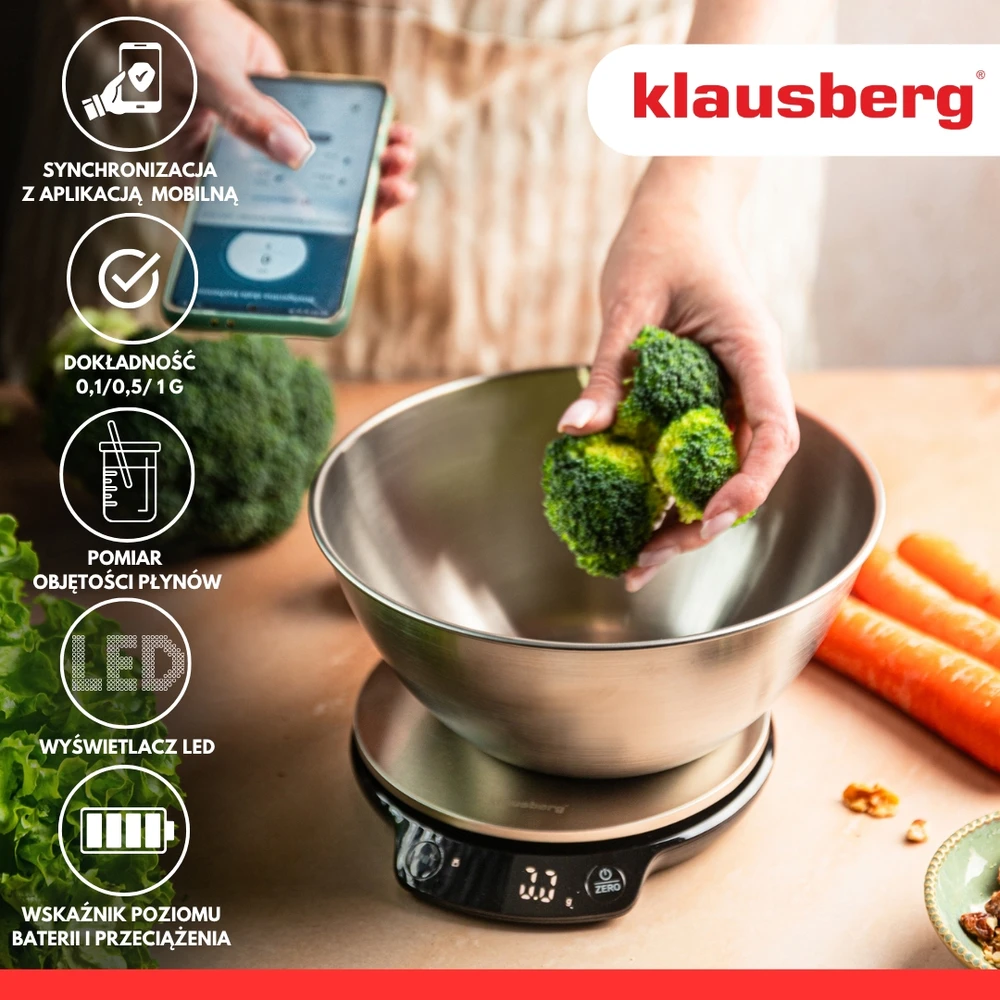 Virtuvinės svarstyklės Waga Svarstyklės Dietinės virtuvės svarstyklės su dubeniu, 1,8 l, „Bluetooth“, programėlė