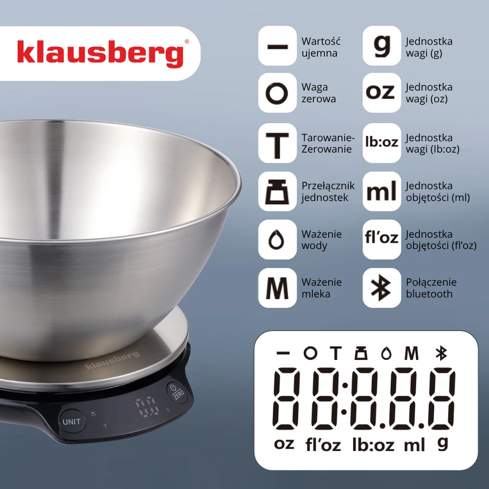 Virtuvinės svarstyklės Waga Svarstyklės Dietinės virtuvės svarstyklės su dubeniu, 1,8 l, „Bluetooth“, programėlė