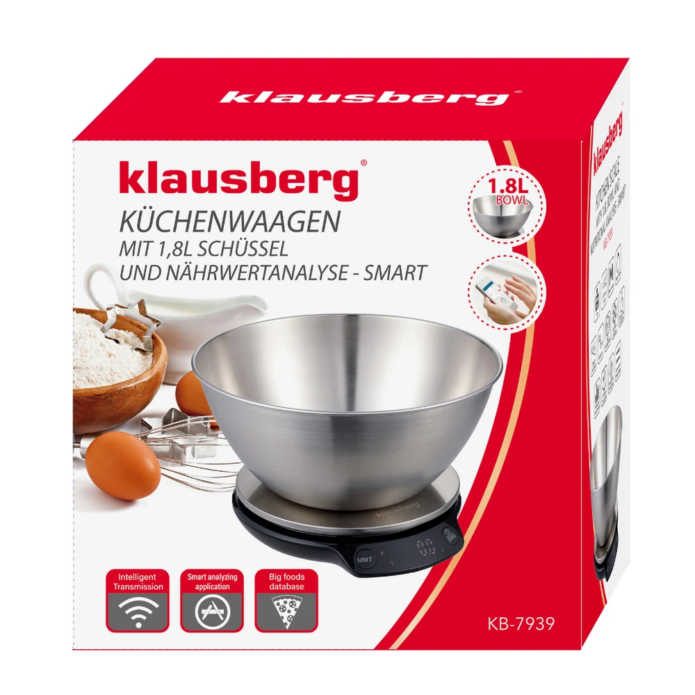 Virtuvinės svarstyklės Waga Svarstyklės Dietinės virtuvės svarstyklės su dubeniu, 1,8 l, „Bluetooth“, programėlė