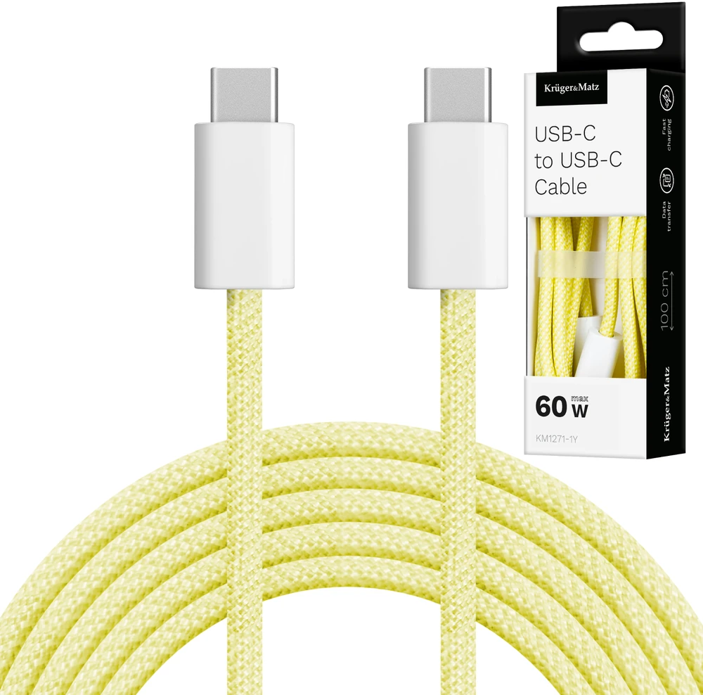 USB Type C – USB Type C laidas 60 W 1 m geltonas Kruger & Matz Basic