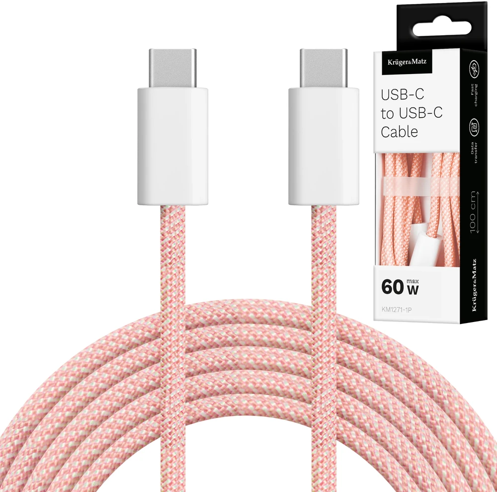 USB Type C – USB Type C laidas 60 W 1 m rožinis Kruger & Matz Basic