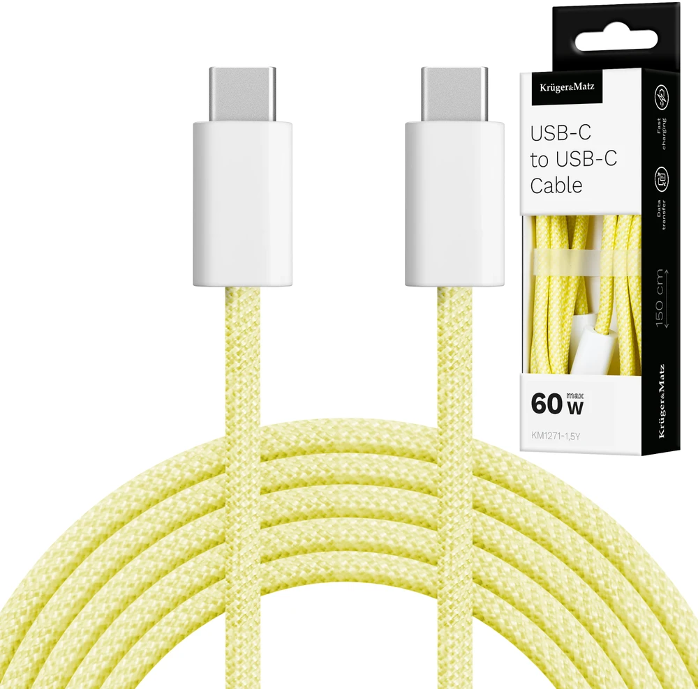 USB Type C – USB Type C laidas 60 W 1.5 m geltonas Kruger & Matz Basic