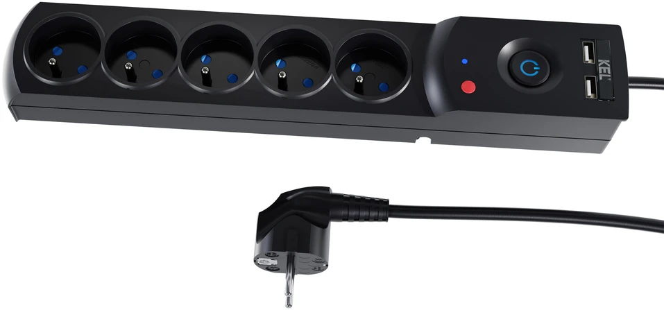 KEL Plastrol Przedłużacz surge protector professional 5 gniazd 2xUSB 3m 10A 230V 2300W juoda W-100044