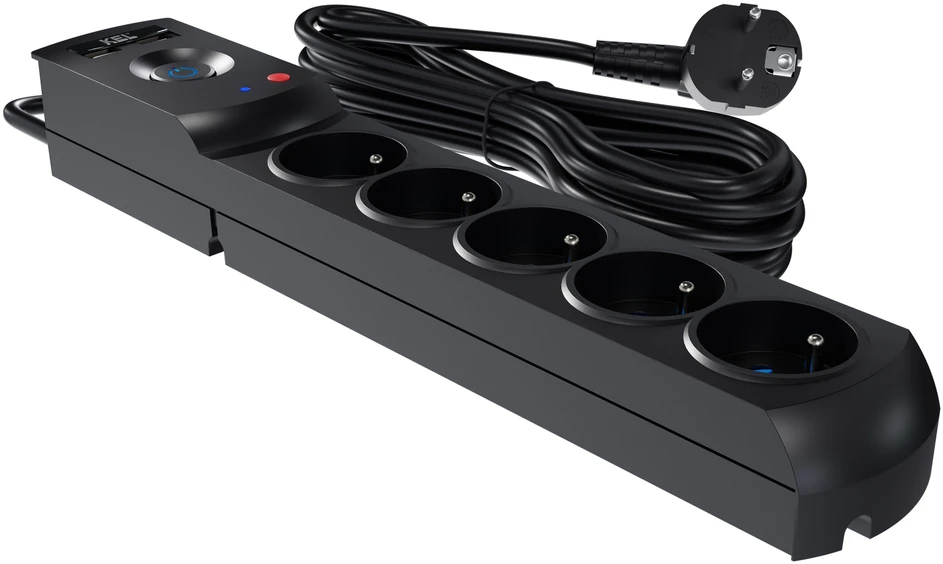 KEL Plastrol Przedłużacz surge protector professional 5 gniazd 2xUSB 3m 10A 230V 2300W juoda W-100044