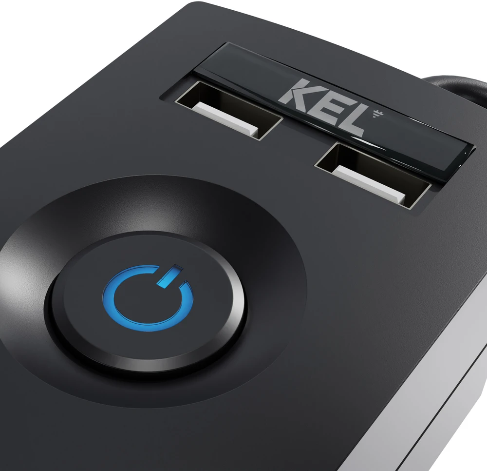 KEL Listwa zasilająca su bezpiecznikiem i układem przeciwprzepięciowym professional, 5 gniazd, 2 porty usb, ilgis 1,5m, 10a, 230v, 2300w, juoda