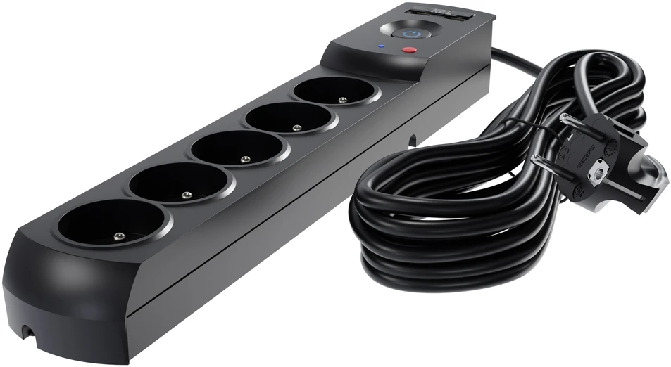 KEL Listwa zasilająca su bezpiecznikiem i układem przeciwprzepięciowym professional, 5 gniazd, 2 porty usb, ilgis 1,5m, 10a, 230v, 2300w, juoda