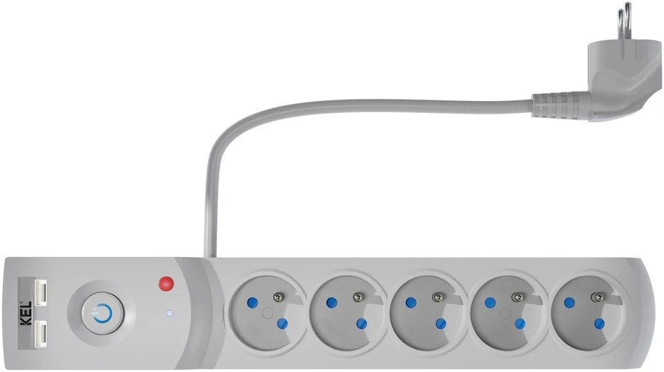 KEL Listwa zasilająca su bezpiecznikiem i układem przeciwprzepięciowym professional, 5 gniazd, 2 porty usb, ilgis 3m, 10a, 230v, 2300w, pilka