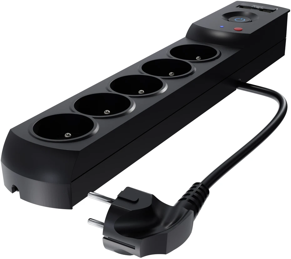 KEL Plastrol Przedłużacz surge protector professional 5 gniazd 2xUSB 3m 10A 230V 2300W juoda W-100044