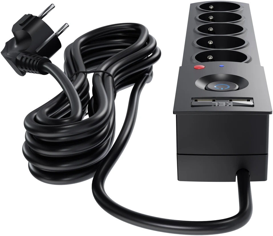 KEL Listwa zasilająca su bezpiecznikiem i układem przeciwprzepięciowym professional, 5 gniazd, 2 porty usb, ilgis 1,5m, 10a, 230v, 2300w, juoda