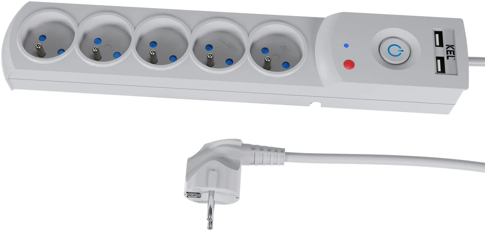 KEL Listwa zasilająca su bezpiecznikiem i układem przeciwprzepięciowym professional, 5 gniazd, 2 porty usb, ilgis 1,5m, 10a, 230v, 2300w, pilka