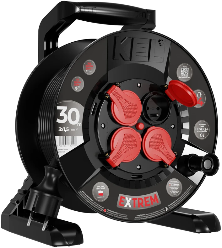 KEL Przedłużacz bębnowy extrem line, 4x2p+su, ip44, 16a, h07bq-f, 3×1,5, 30m, juoda