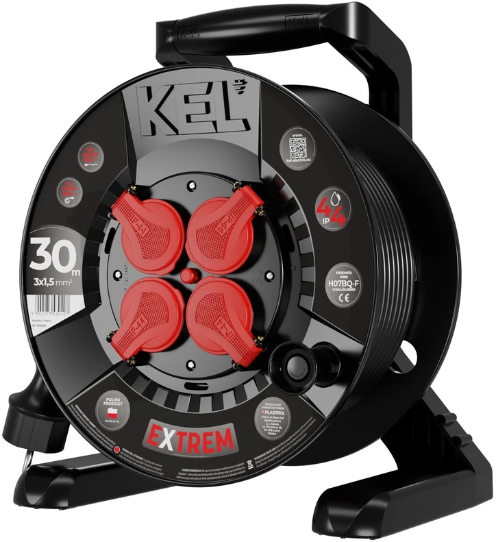 KEL Przedłużacz bębnowy extrem line, 4x2p+su, ip44, 16a, h07bq-f, 3×1,5, 30m, juoda