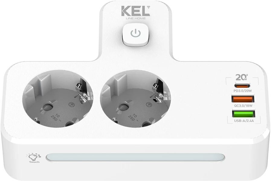 KEL Rozgałęźnik podwójny su włącznikiem i lampką; 2x gniazda wtyczkowe su uziemieniem schuko, 2xgniazdo usb a, 1xgniazdo usb c