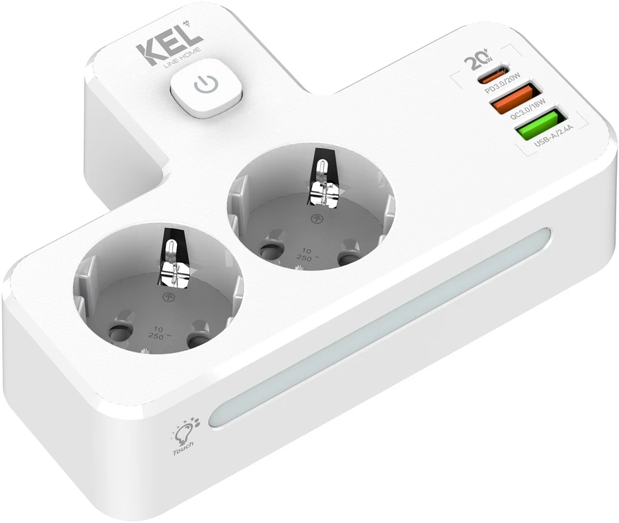 KEL Rozgałęźnik podwójny su włącznikiem i lampką; 2x gniazda wtyczkowe su uziemieniem schuko, 2xgniazdo usb a, 1xgniazdo usb c