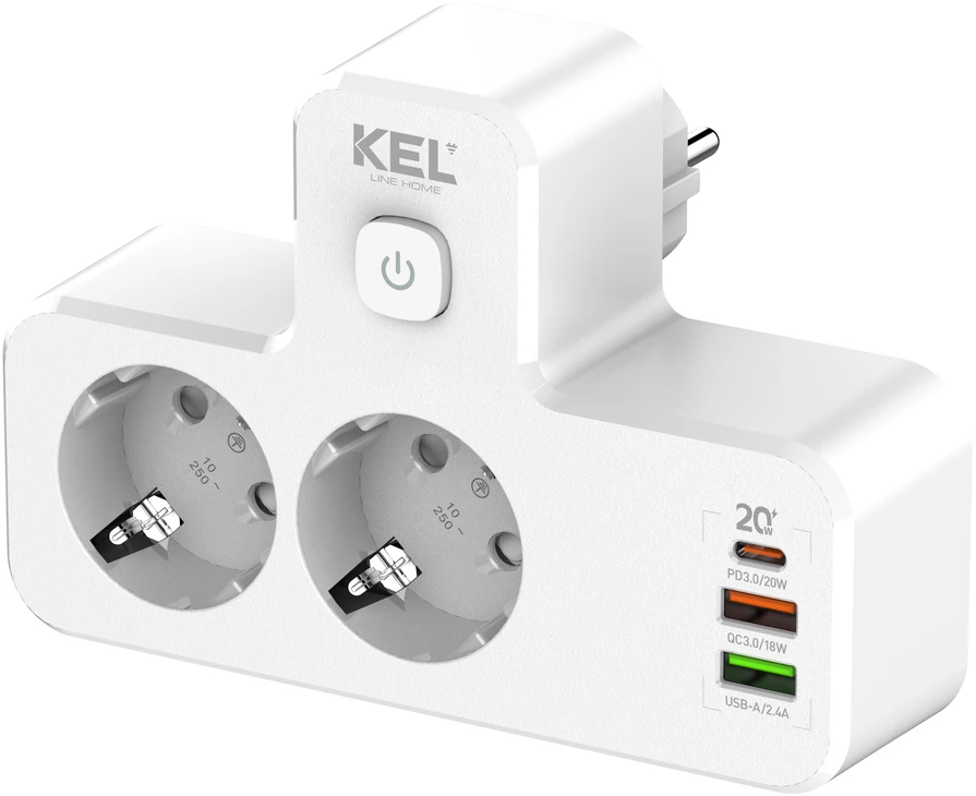 KEL Rozgałęźnik podwójny su włącznikiem i lampką; 2x gniazda wtyczkowe su uziemieniem schuko, 2xgniazdo usb a, 1xgniazdo usb c