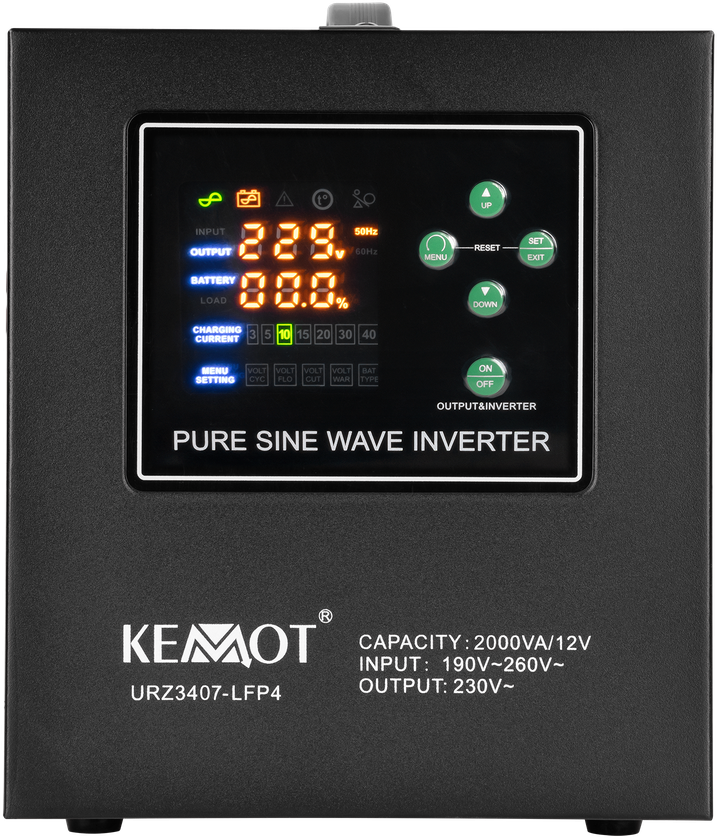 KEMOT PROsinus-2000 nepertraukiamo maitinimo šaltinio grynos sinusinės bangos keitiklis su įkrovimo funkcija 12V 230V 2000VA/1200W