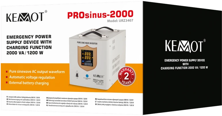 KEMOT PROsinus-2000 nepertraukiamo maitinimo šaltinis su pilna sinusoidė ir įkrovimo funkcija 12V 230V 2000VA 1200W