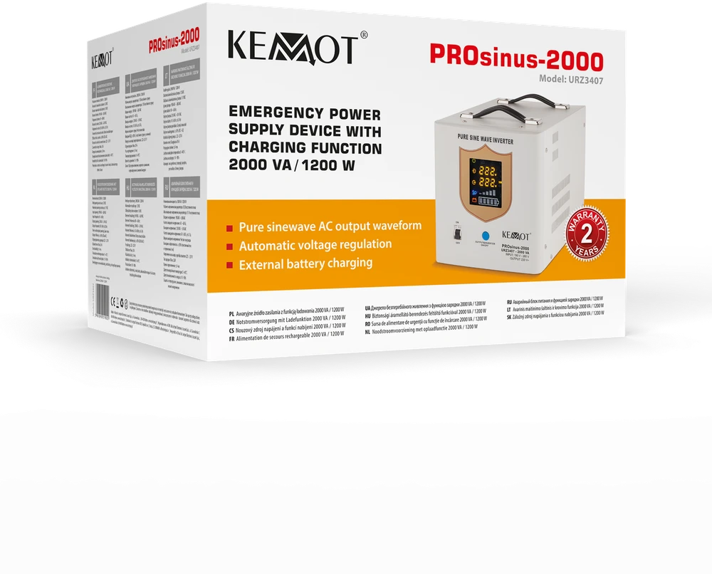 KEMOT PROsinus-2000 nepertraukiamo maitinimo šaltinis su pilna sinusoidė ir įkrovimo funkcija 12V 230V 2000VA 1200W