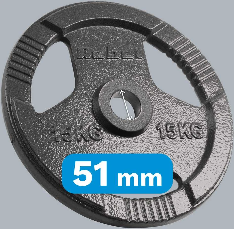 Ketaus olimpinių svarmenų rinkinys 2 x 15 kg, 51 mm skylė, plokštelė su rankenomis, REBEL ACTIVE
