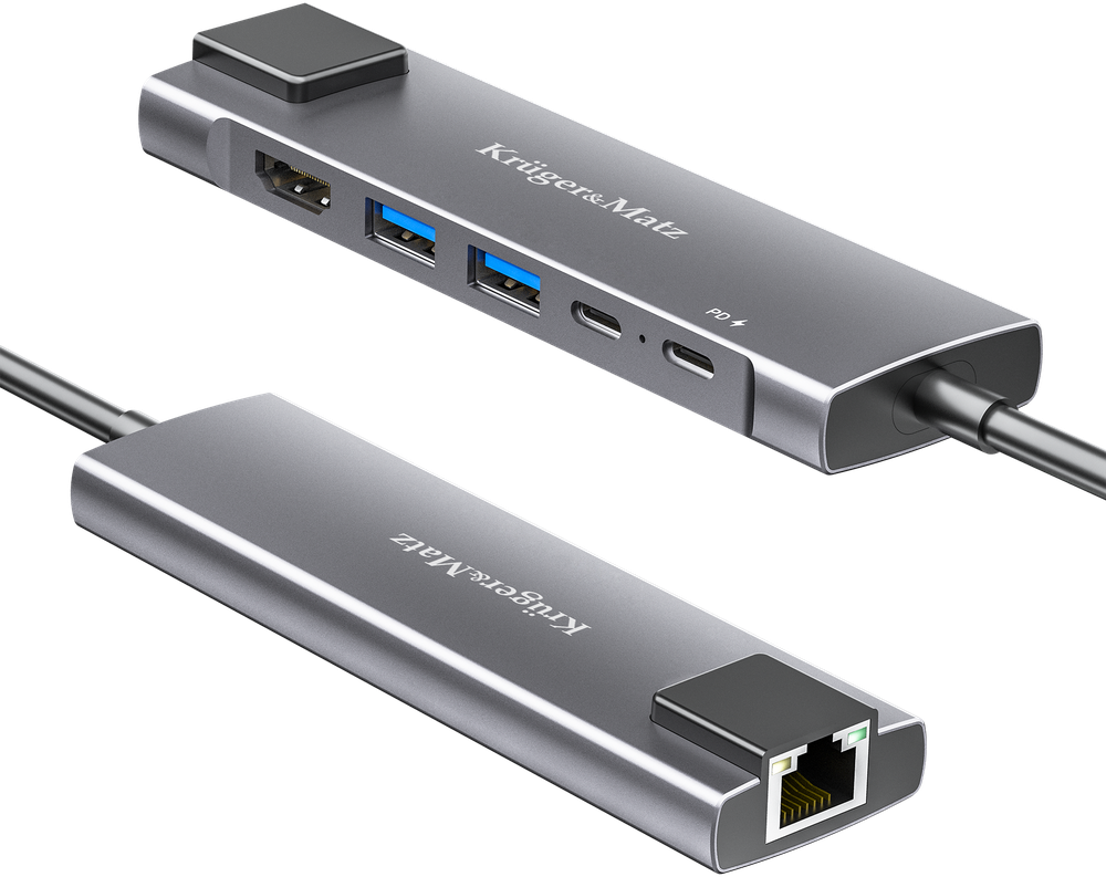 Kruger & Matz Adapteris (šakotuvas) USB C tipo į HDMI / 2x USB3.0 / 2x USB C tipo / RJ45