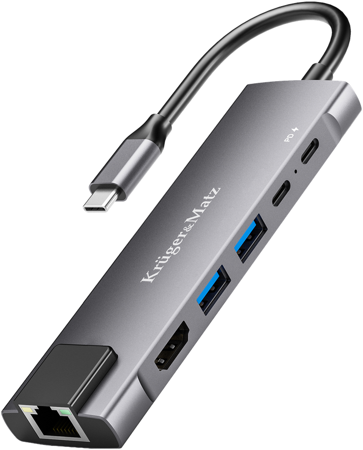 Kruger & Matz Adapteris (šakotuvas) USB C tipo į HDMI / 2x USB3.0 / 2x USB C tipo / RJ45
